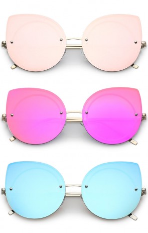 Oversize Rimless Slim Arms Mirrored Flat Lens Cat Eye Sunglasses 64mm