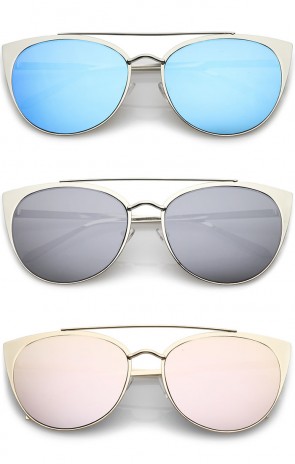 Women's Oversize Metal Crossbar Mirrored Flat Lens Cat Eye Sunglasses 61mm