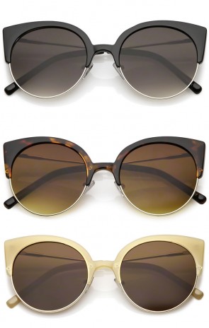 Women's Half Frame Ultra Slim Arms Round Flat Lens Cat Eye Sunglasses 53mm