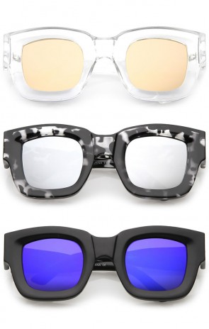 Women's Oversize Chunky Square Mirrored Flat Lens Horn Rimmed Sunglasses 45mm