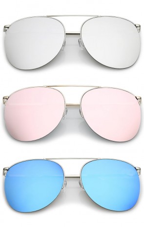 Oversize Semi-Rimless Metal Crossbar Colored Mirror Flat Lens Aviator Sunglasses 61mm