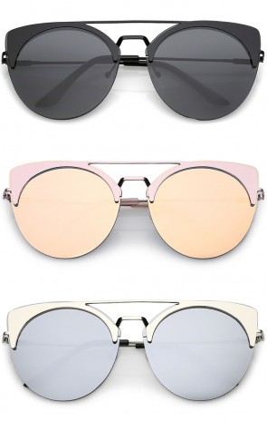 Oversize Rimless Double Crossbar Round Mirrored Flat Lens Cat Eye Sunglasses 60mm