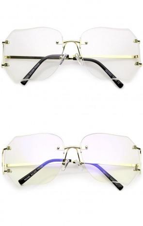 Oversize Slim Metal Arms Rimless Beveled Blue Light Filter Clear Lens Square Eyeglasses 61mm