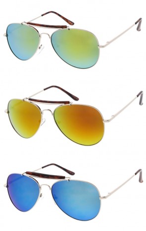 Classic Aviator Accent Crossbar Silver Metal Mirrored Lens Wholesale Sunglasses