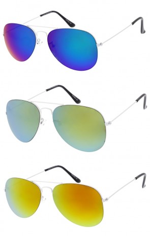 Classic Lifestyle White Thin Metal  Mirrored Lens Aviator Wholesale Sunglasses