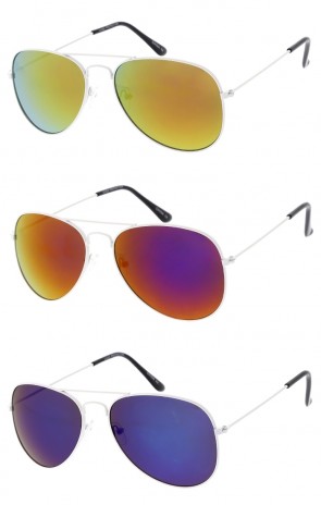 Classic Lifestyle Mirrored Lens White Thin Metal Aviator Wholesale Sunglasses