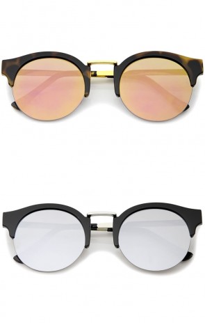 Semi-Rimless Metal Nose Bridge Trim Color Mirror Lens Round Sunglasses 51mm