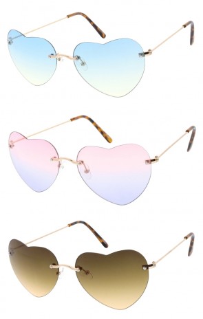 Large Rimless Heart Metal Frame Wholesale Sunglasses (Ocean Colors)