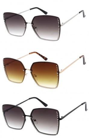 Decorated Rhinestone Full Rimless Metal Frame Square Wholesale Sunglasses 60mm