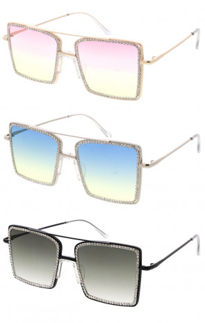 Rhinestones Decorated Crossbar Square Wholesale Sunglasses 53mm