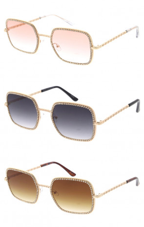 Metal Chainlink Detailed Square Rhinestones Wholesale Sunglasses 55mm