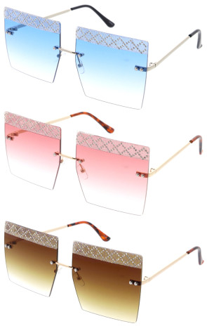 Flashy Accented Rimless Square Rhinestones Wholesale Sunglasses 53mm