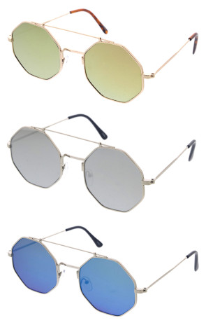 Slim Metal Frame Mirrored Geometric Crossbar Perfect Octagon Wholesale Sunglasses