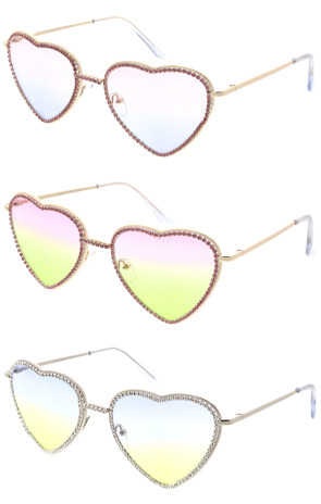 Gradient Lens Rhinestones Decorated Metal Heart Wholesale Sunglasses