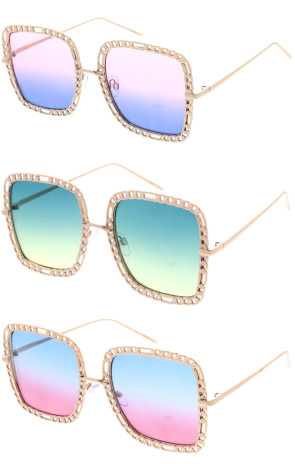 Color Fade Laser Cut Border Metal Square Wholesale Sunglasses 76mm