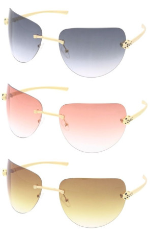 Luxury Feline Panther Jaguar Temple Detail Neutral Gradient Lens Rimless Curved Aviator Wholesale Sunglasses