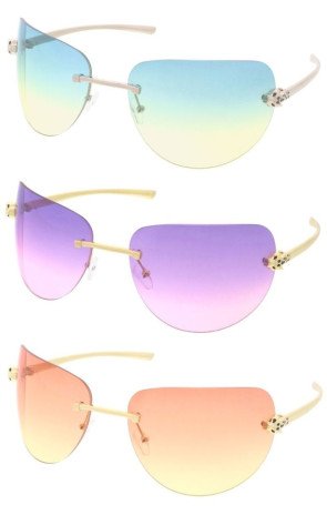 Luxury Feline Panther Jaguar Temple Detail Color Pop Gradient Lens Rimless Curved Aviator Wholesale Sunglasses