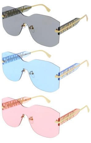 VIVANT Logo Temple Accent Oversized Sleek Rimless Monolens Shield Wholesale Sunglasses
