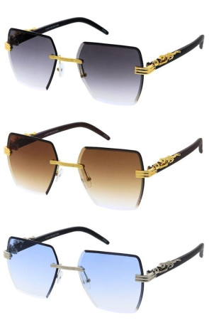 Luxe Feline Decorated Full Rimless Wholesale Sunglasses