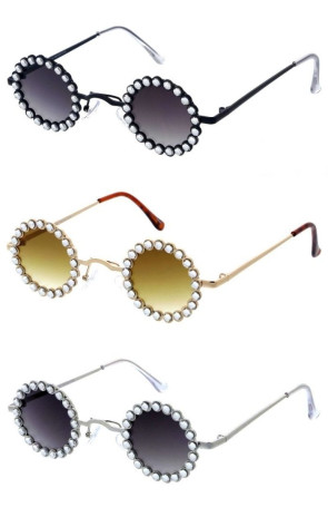 Rhinestones Decorated Gradient Lens Small Metal Circular Round Wholesale Sunglasses