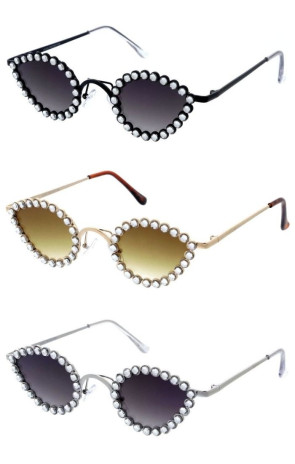 Rhinestones Decorated Gradient Lens Small Metal Teardrop Cat Eye Wholesale Sunglasses