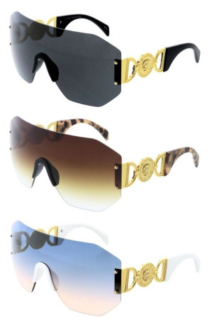 Oversized Rimless Luxe Lion Detail Decorated Geometric Aviator Shield Wholesale Sunglasses