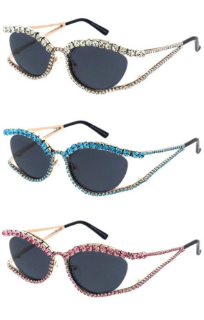 Luxe Bling Rhinestones Decorated Semi Rimless Metal Cat Eye Wholesale Sunglasses