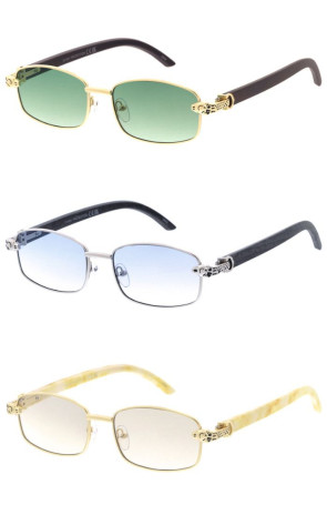 Faux Wood Luxe Feline Leopard Jaguar Metal Frame Rectangle Square Wholesale Sunglasses