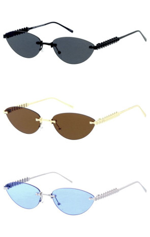 Rimless Metal Geometric Pattern Arm Detail Slim Round Cat Eye Wholesale Sunglasses