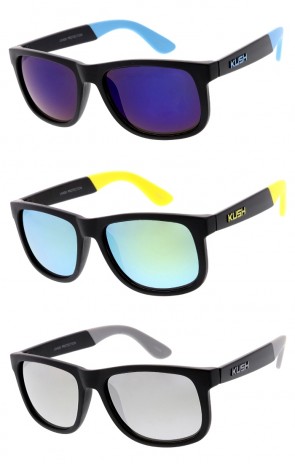 Men's KUSH Matte Horn Rimmed Square Mirrored Lens Wholesale Sunglasses
