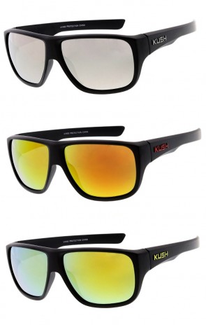 Men's KUSH Flat Top Square Mirrored Lens Wrap Wholesale Sunglasses