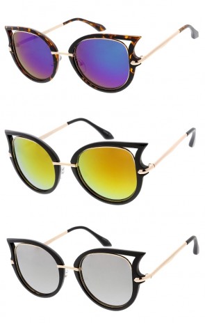 Oversize Plastic Trim Cutout Mirrored Lens Cat Eye Wholesale Sunglasses