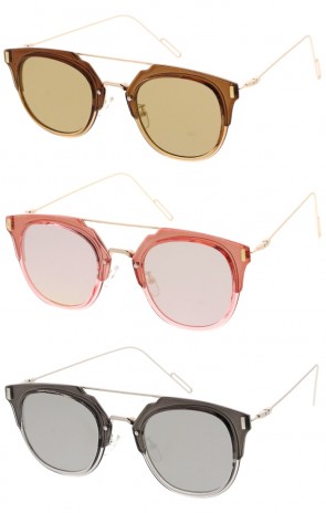 Classy Mirrored Lens Two-Tone Round Horn Rimmed Wholesale Sunglasses 49mm