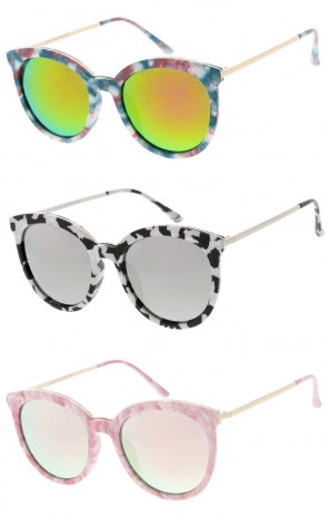 Classic Floral Print Horn Rimmed Mirrored Lens Plastic Frame Wholesale Sunglasses