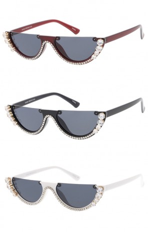 Women's Retro Rhinestone Half Frame Flat Cut Wholesale Sunglasses