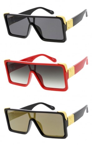 Luxury Gold Metal Trim Flat Top Square Shield Wholesale Sunglasses