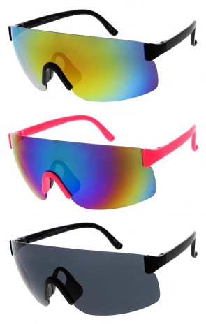 Sporty Rubber Nose Grip Rimless Mirrored Lens Shield Wholesale Sunglasses 79mm