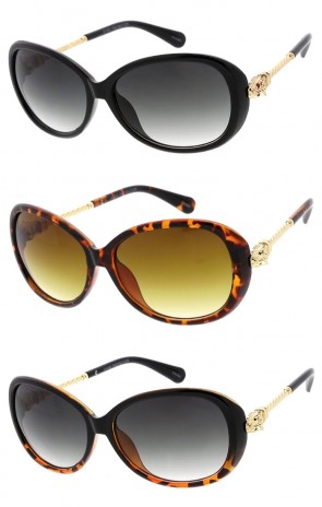 Metal Feline Head Temple Detail Round Luxury Fashion Wholesale Sunglasses 60mm