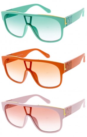 Billionaire Quality Metal Accent Pastel Flat Top Wholesale Shield Sunglasses 62mm