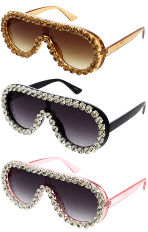 Rhinestones Decorated Oversized Shield Wholesale Sunglasses 65mm