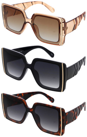 Elegant Oversized Metal Temple Detail Textured Chunky Arms Square Wholesale Sunglasses 60mm