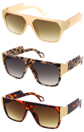 Metal Accent Chunky Arms Flat Top Geometric Square Aviator Wholesale Sunglasses