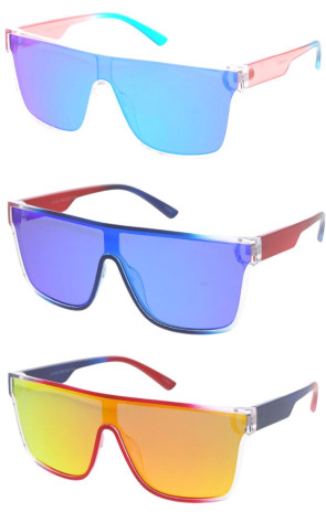 Translucent Multicolor Frame Mirrored Lens Flat Top Aviator Shield Wholesale Sunglasses