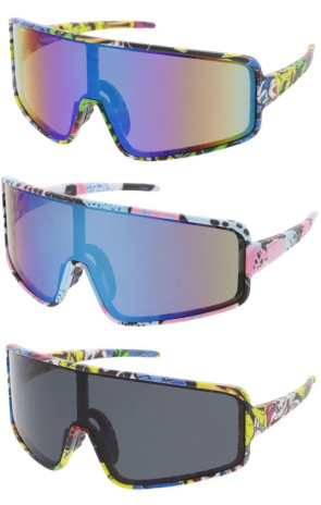 Comic Book Manga Anime Inspired Mirrored Lens Sporty Wraparound Shield Wholesale Sunglasses