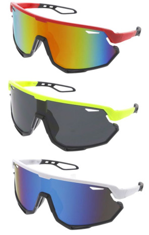 Futuristic Cut Out Mirrored Lens Sporty Shield Wholesale Sunglasses