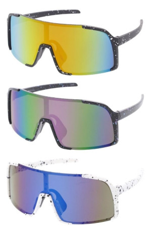 Speckled Paint Splatter Pattern Semi Rimless Mirrored Lens Sporty Shield Wholesale Sunglasses