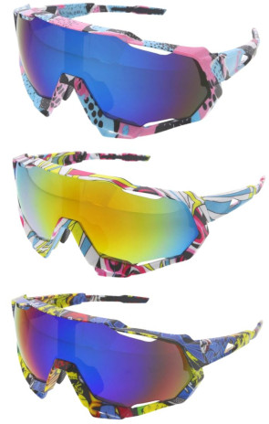 Comic Book Manga Anime Inspired Cut Out Mirrored Lens Sporty Shield Wholesale Sunglasses