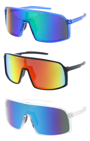 Sporty Plastic Frame Mirrored Shield Wholesale Sunglasses