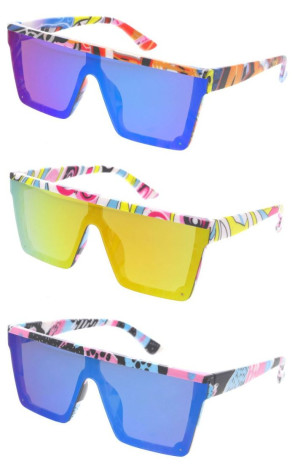 Pop Comic Pattern Flat Top Shield Wholesale Sunglasses