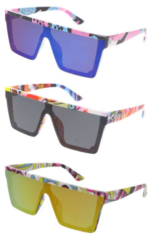 KUSH Pop Comic Pattern Flat Top Shield Wholesale Sunglasses